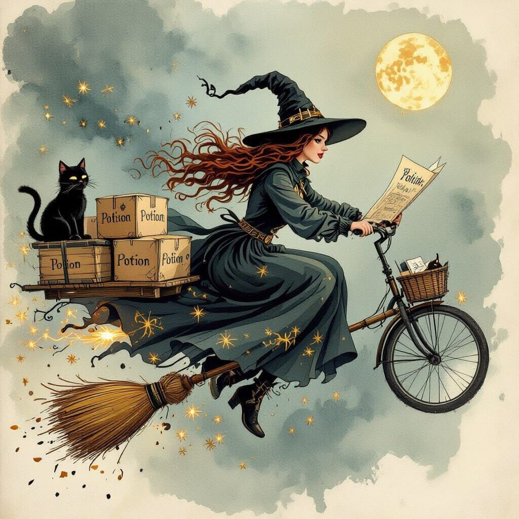 Witch Delivers Potions on Electric Broom with Cat Navigator