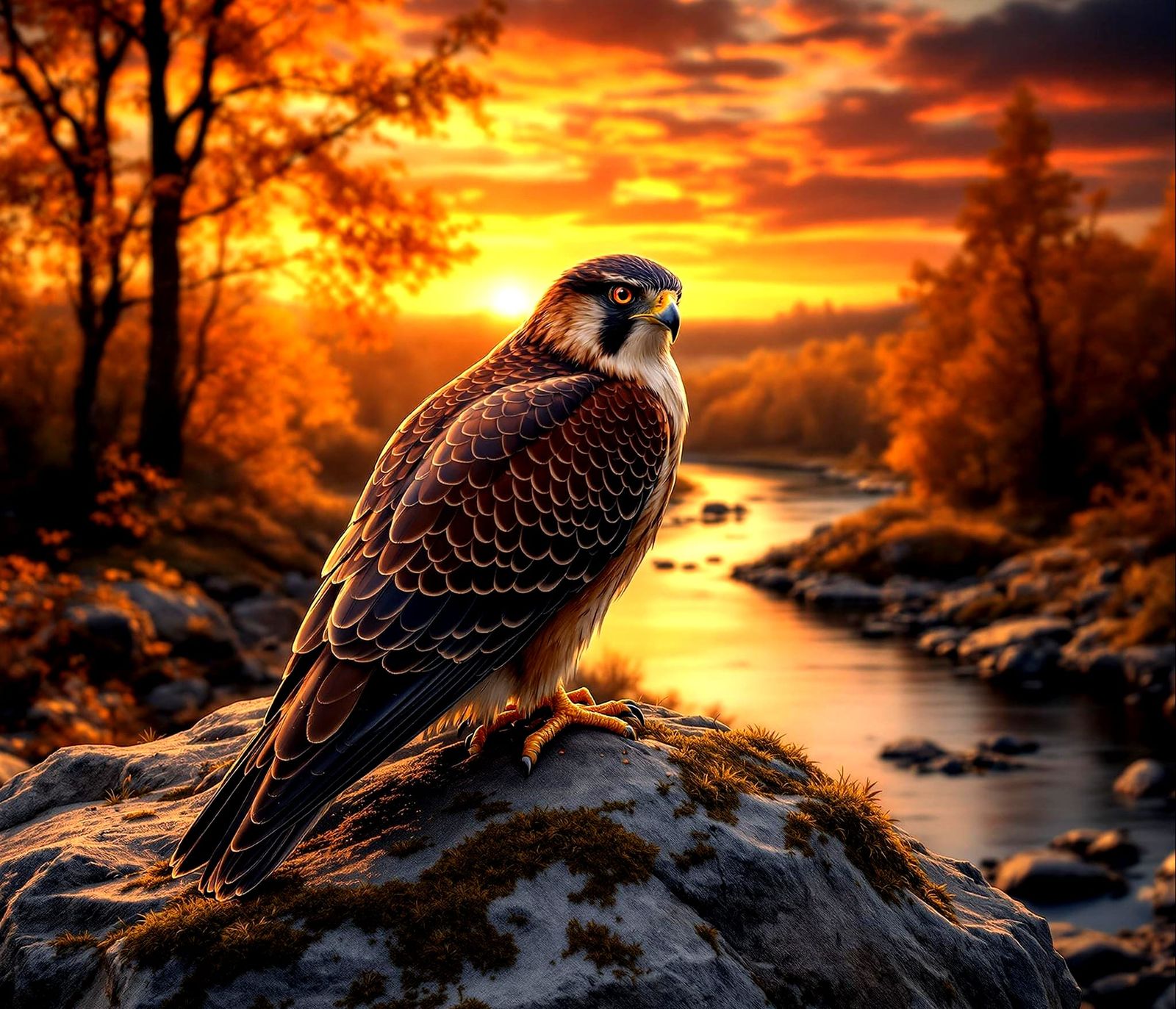 Surreal Sunset Falcon Perched on Autumn River Rock