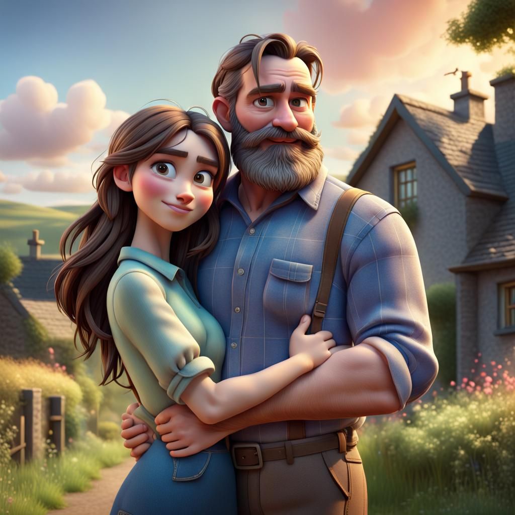 Irish Countryside Scene: Man Holding Woman, Digital Art