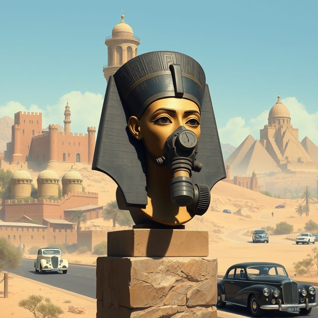 Nefertiti Statue Wearing a Futuristic Gas Mask Amidst Ancien...