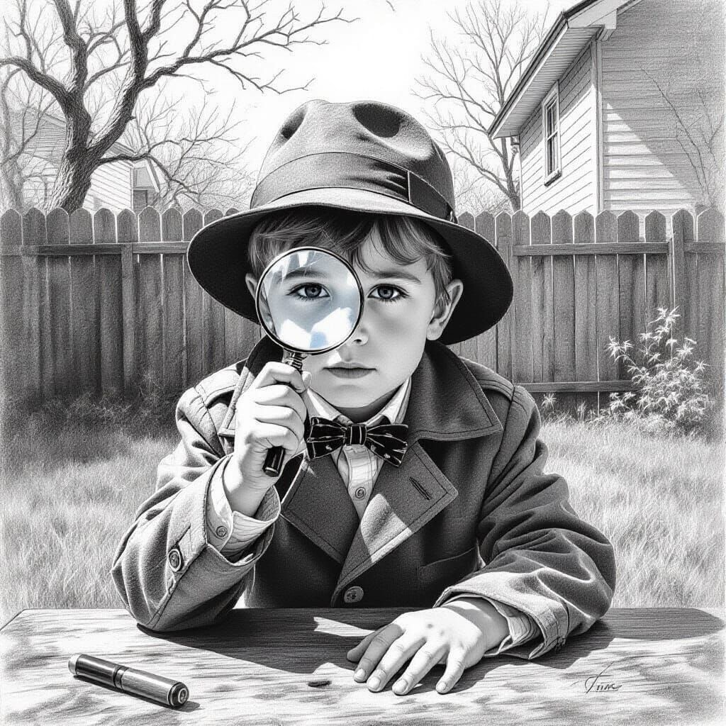 Young Detective Explores Backyard in Charcoal Drawing