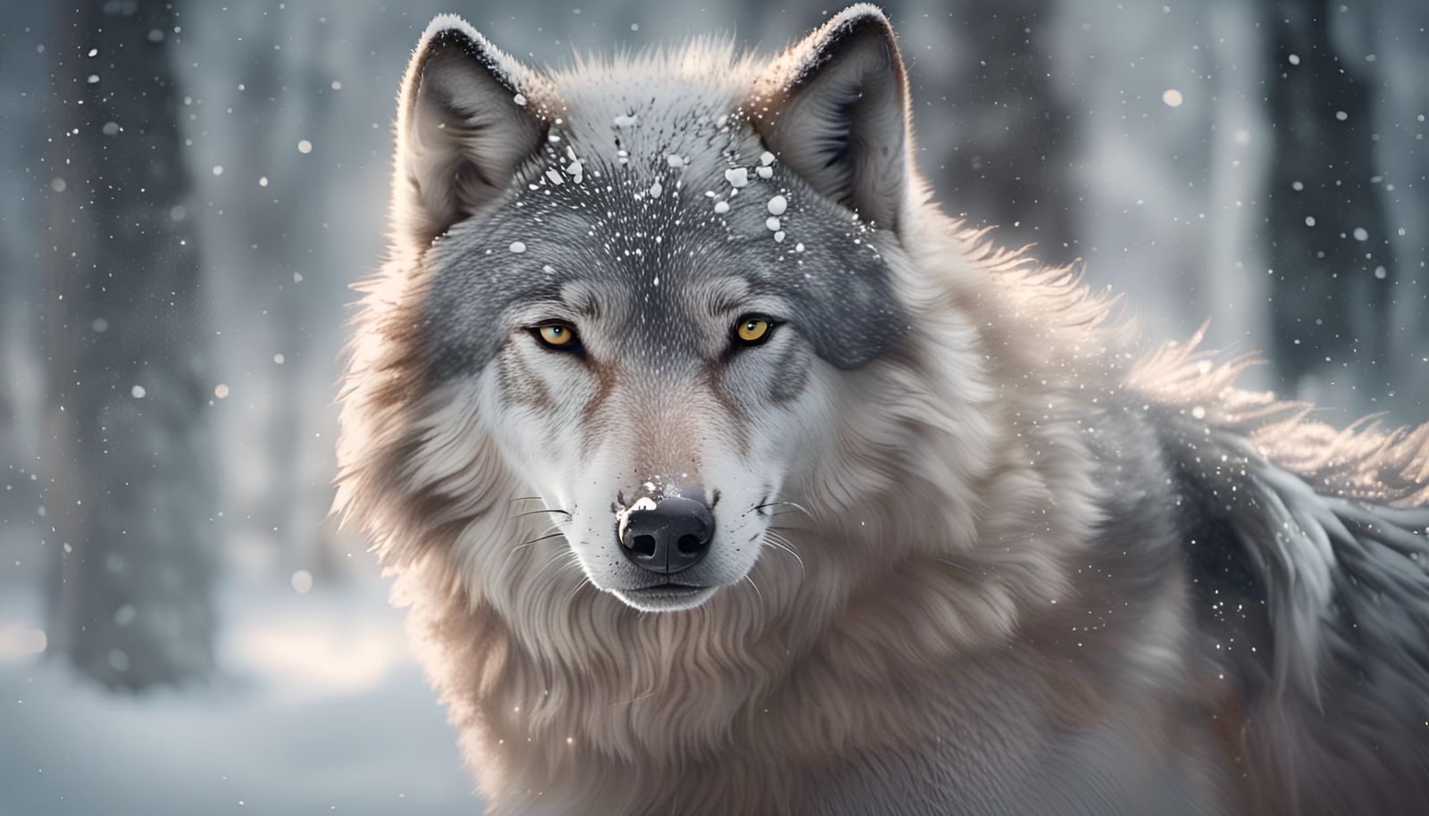 Cinematic Snowy Wolf Portrait in Winter