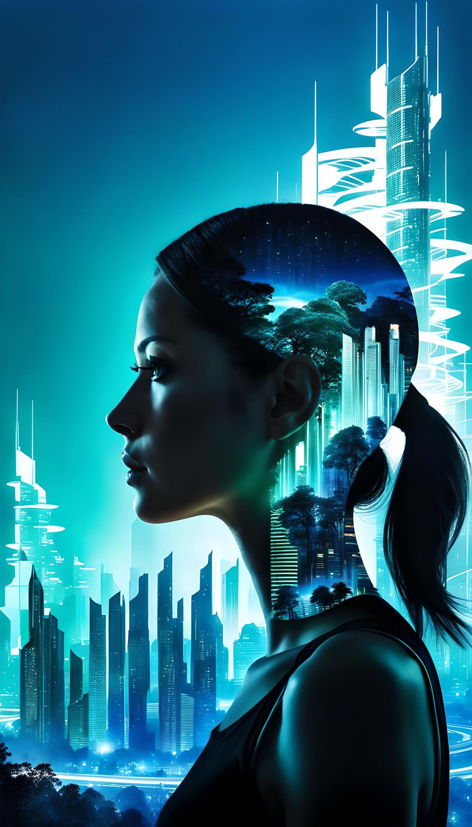 Cyberpunk Double Exposure: Woman, City, Circuitry