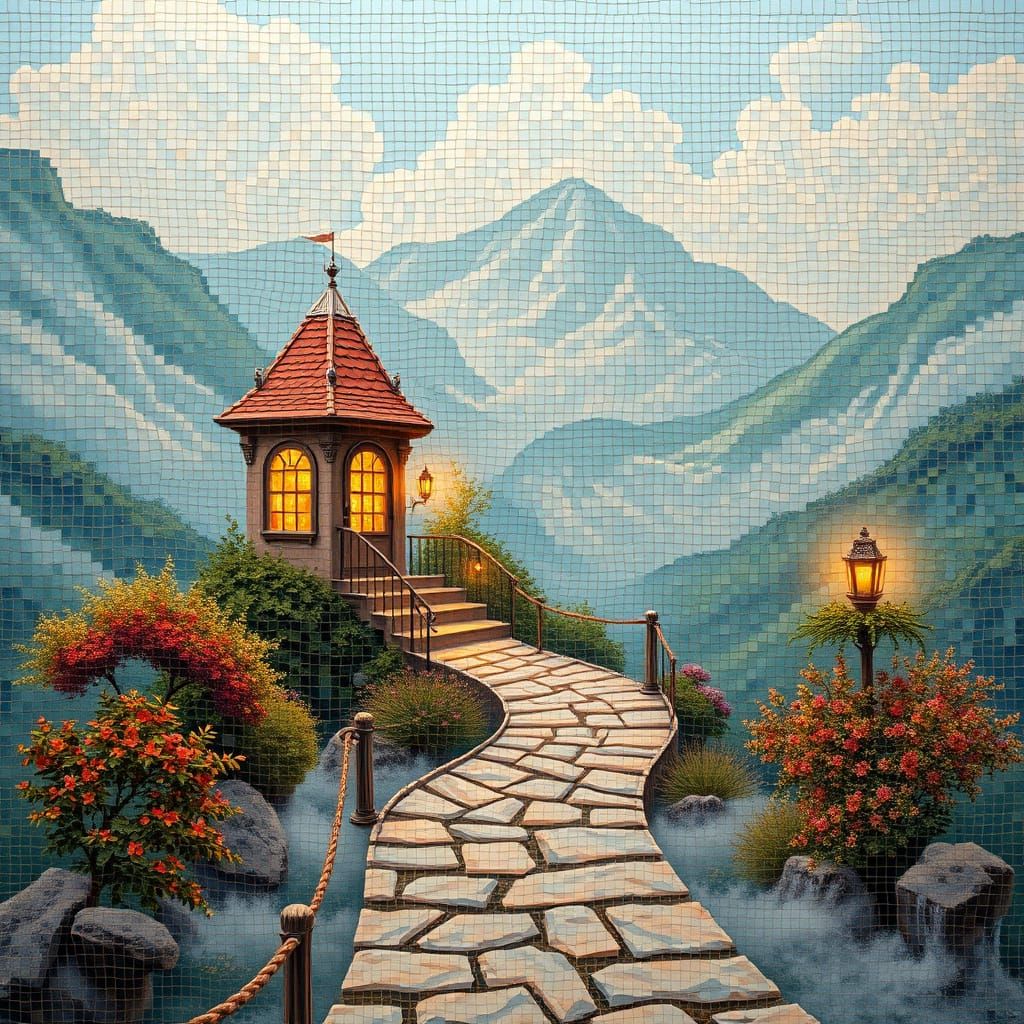 Whimsical Mosaic Landscape with Ethereal Glow