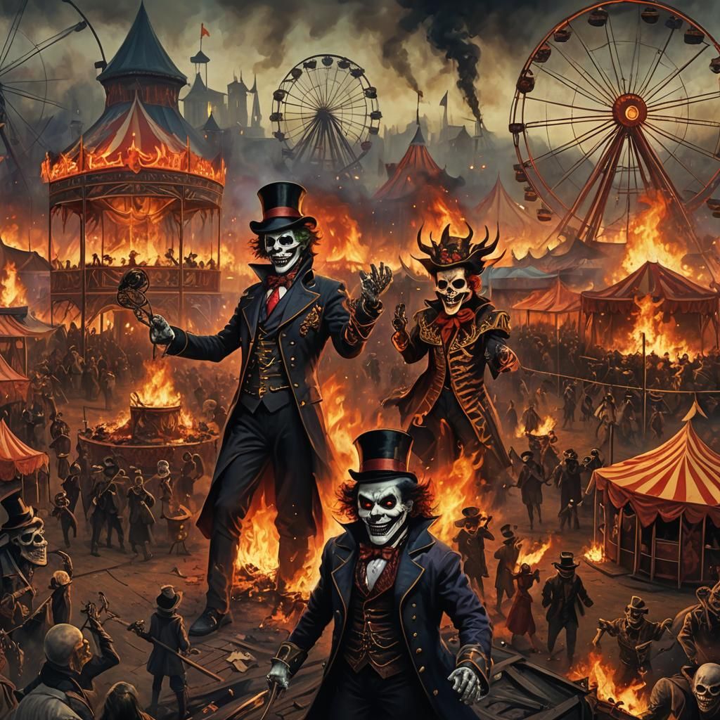 style peinture à l'huile, un parc d'attraction de l'enfer av...