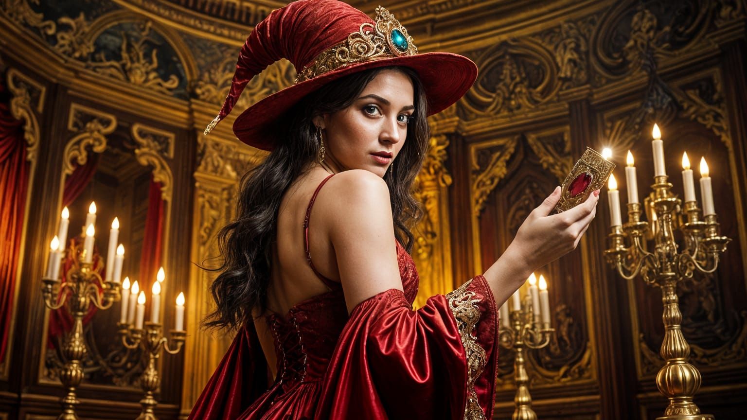 Baroque Witch Casting Spell in Gilded Chamber