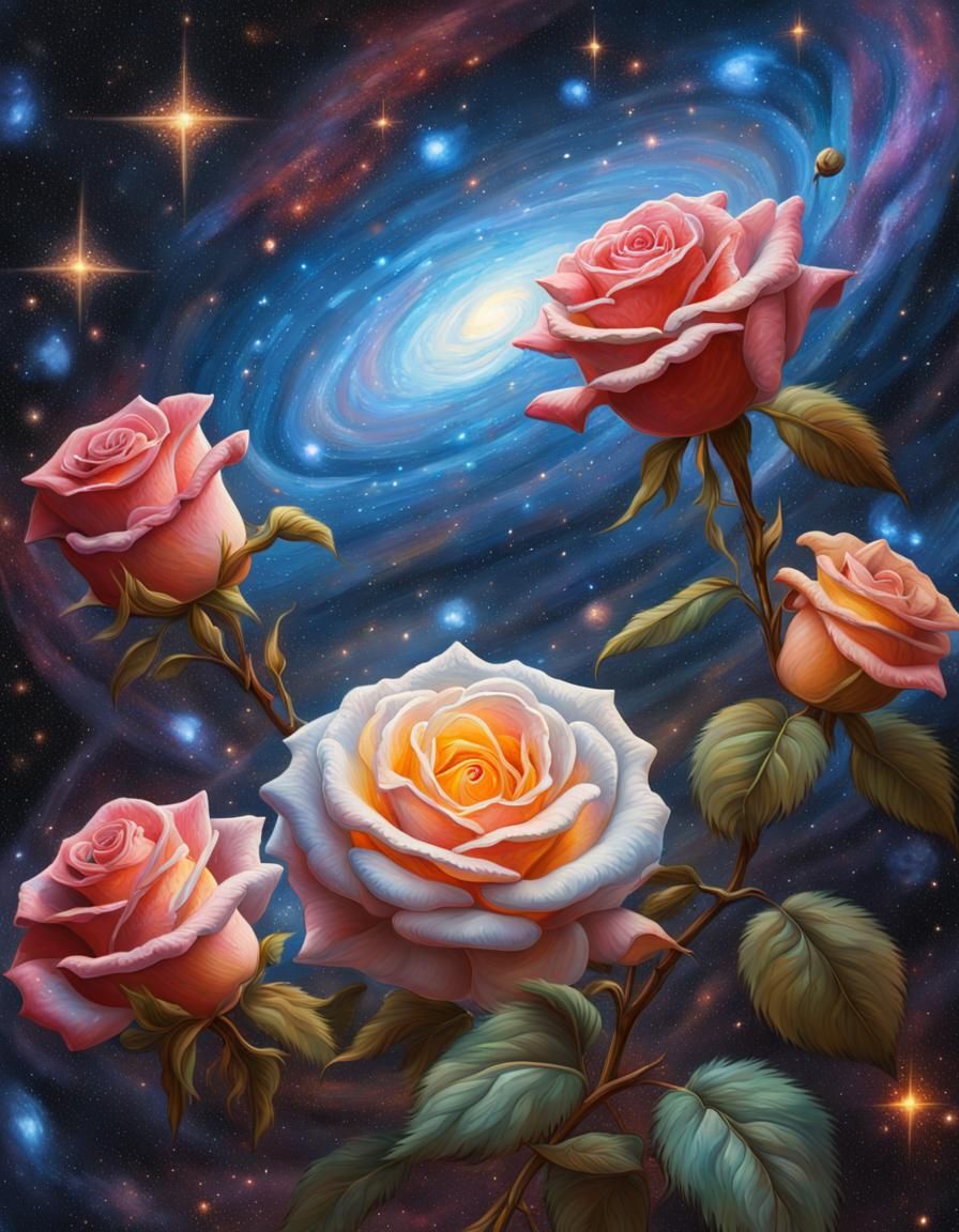 Glittery Roses and Galaxy in Oil Painting