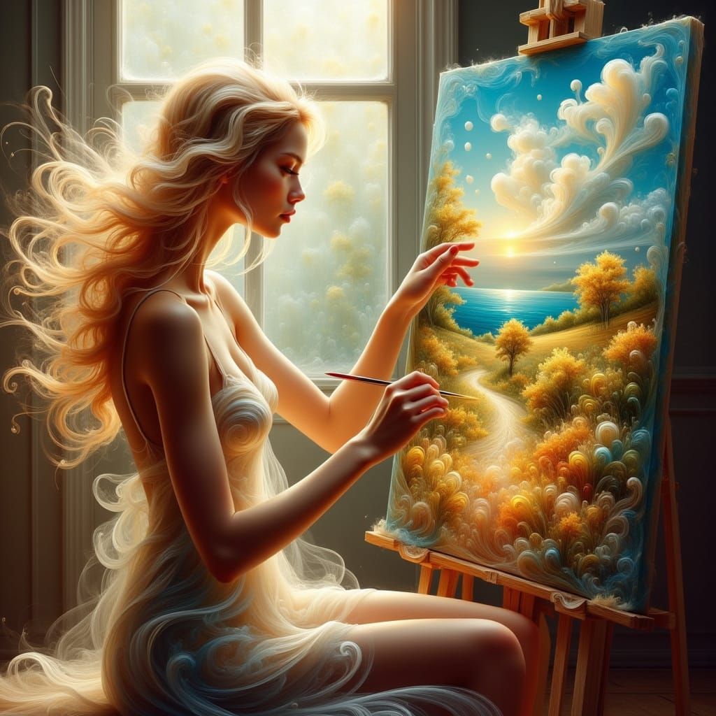 Blonde Woman Paints Vibrant Landscape in Impasto Style