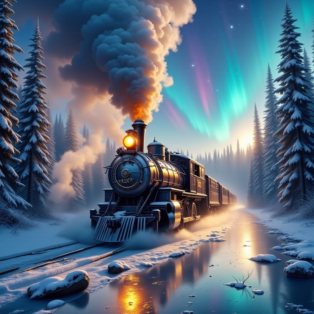 Majestic Steam Train in Aurora-Lit Frozen Forest