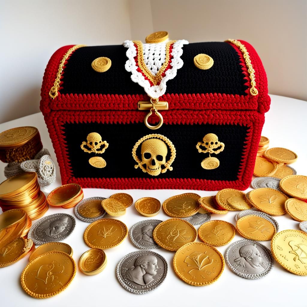 Crochet Pirate Treasure Chest with Gold Coins