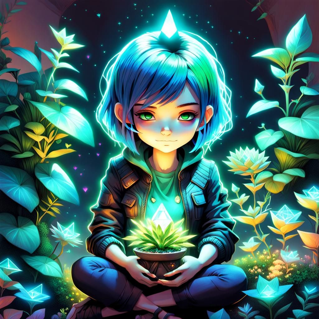 Mystical Girl with Glowing Plant in Night Garden