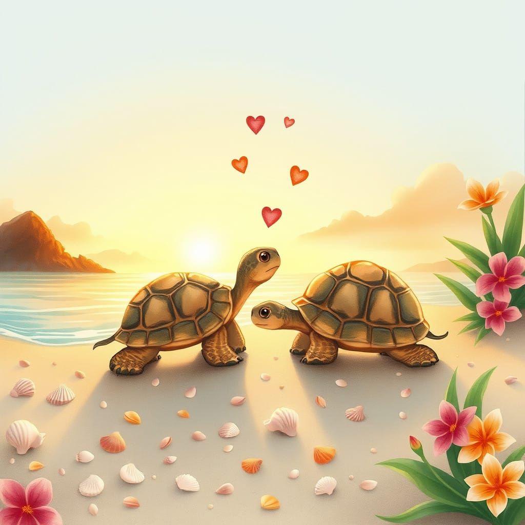 Tortoises Stroll Hand in Hand at Sunset Beach