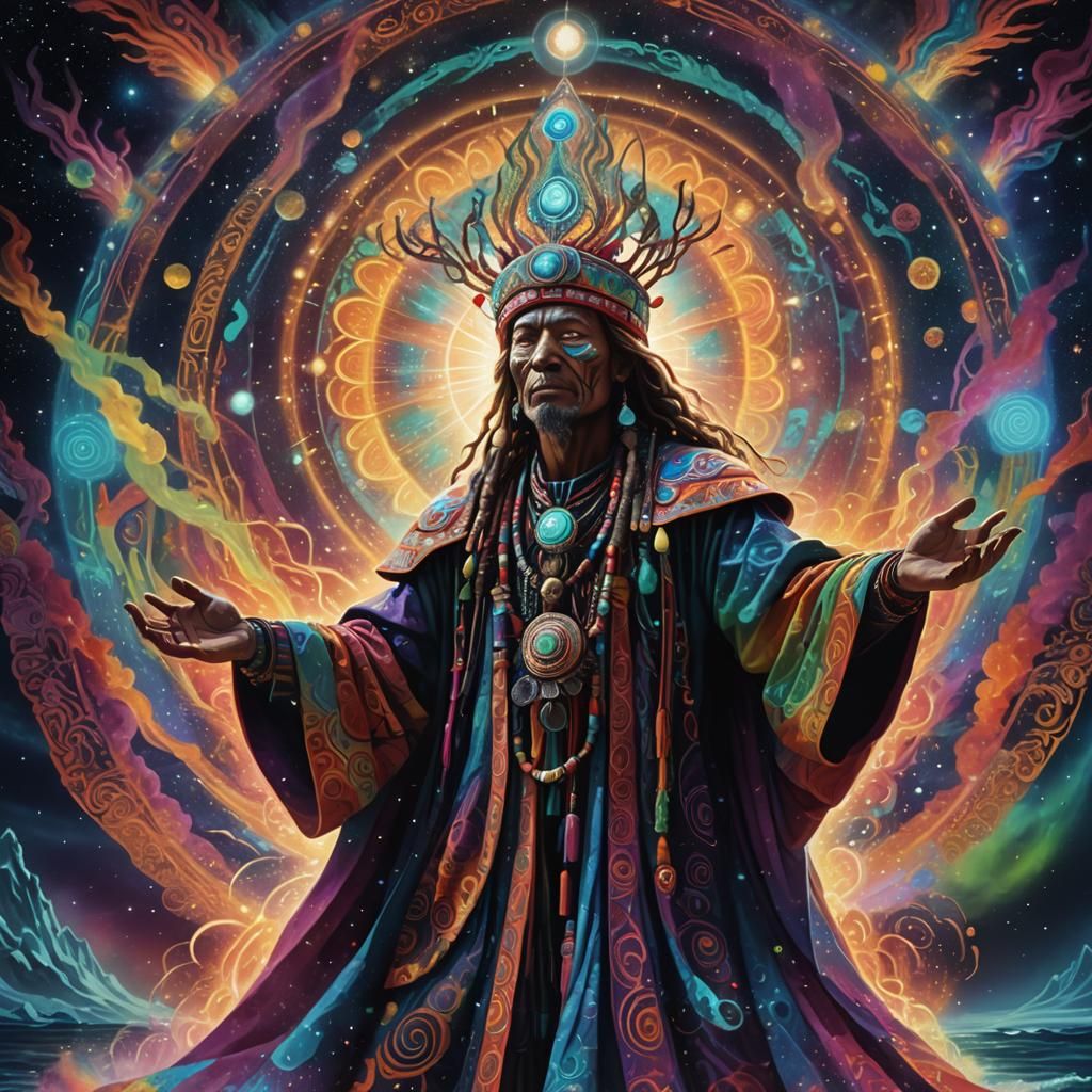 Visionary Shaman in Psychedelic Astral Landscape