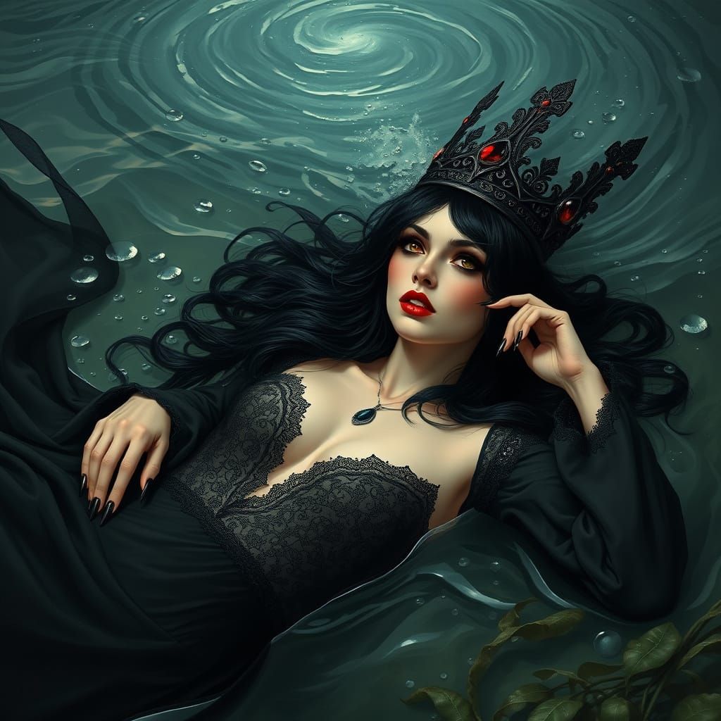Dark Fantasy Sorceress in Mysterious Riverine Realm