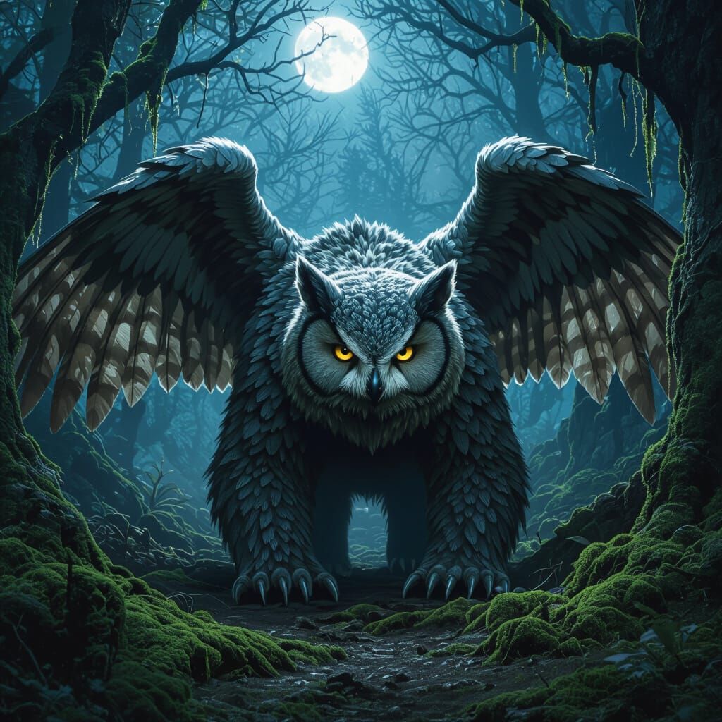 OwlBear Creature in Dark Bioluminescent Forest