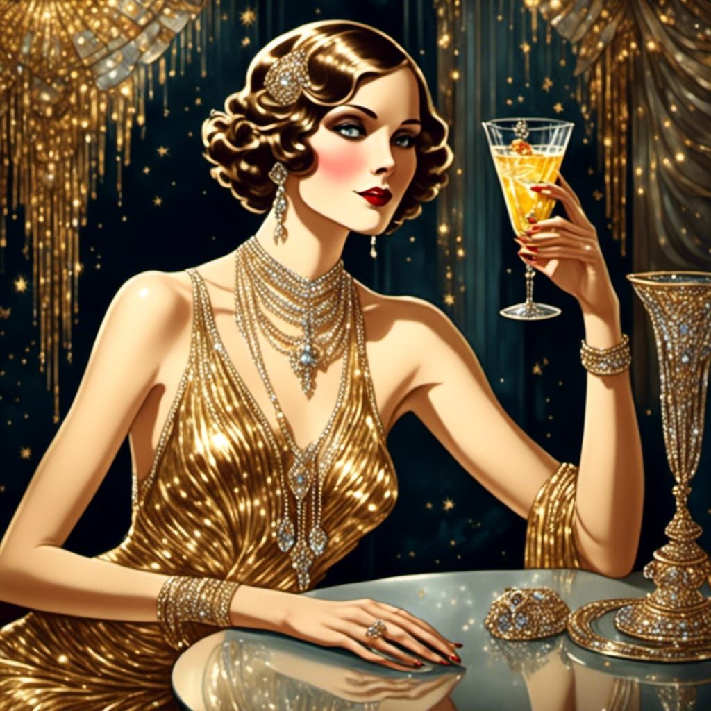 Golden Glamour: Woman in Gown with Cocktail