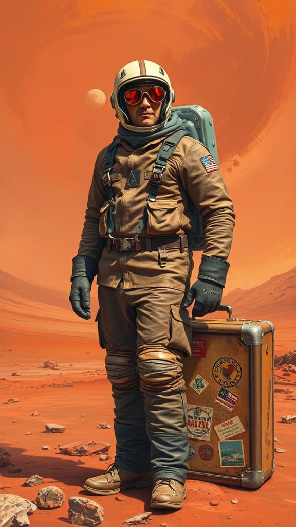 Vintage Astronaut Stands on Red Martian Terrain