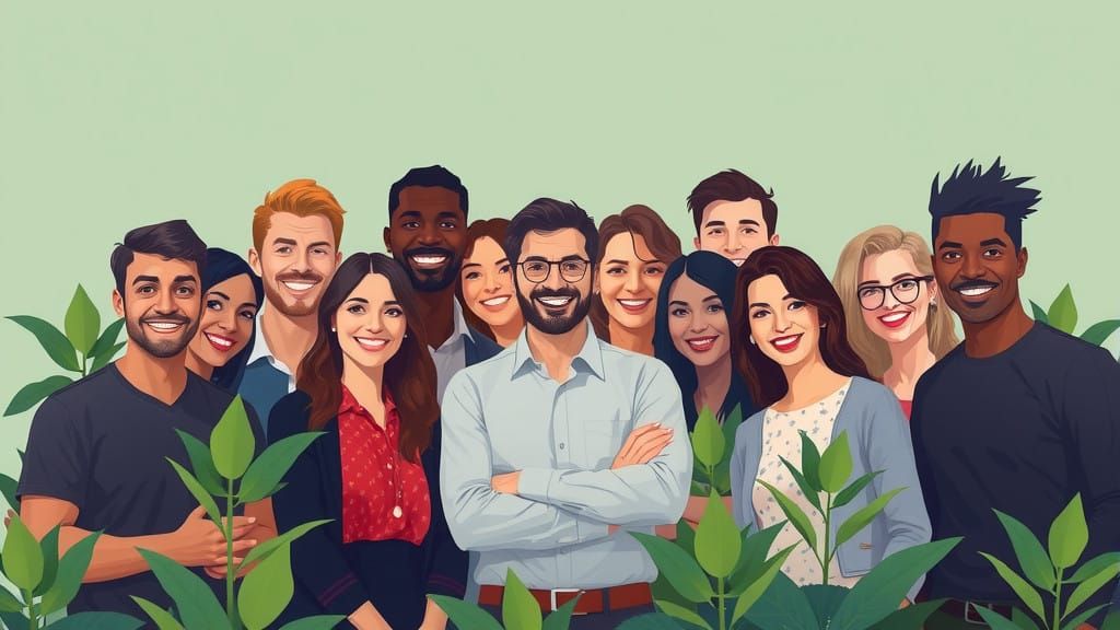 Successful Team Members Celebrate with Vibrant Floral Surrou...