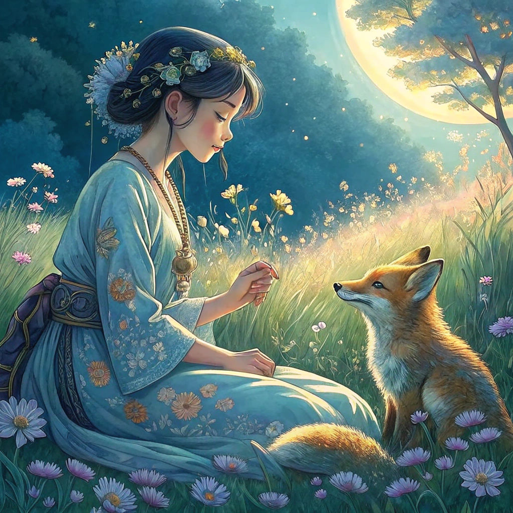 Japanese Girl and Fox in Art Nouveau Watercolor