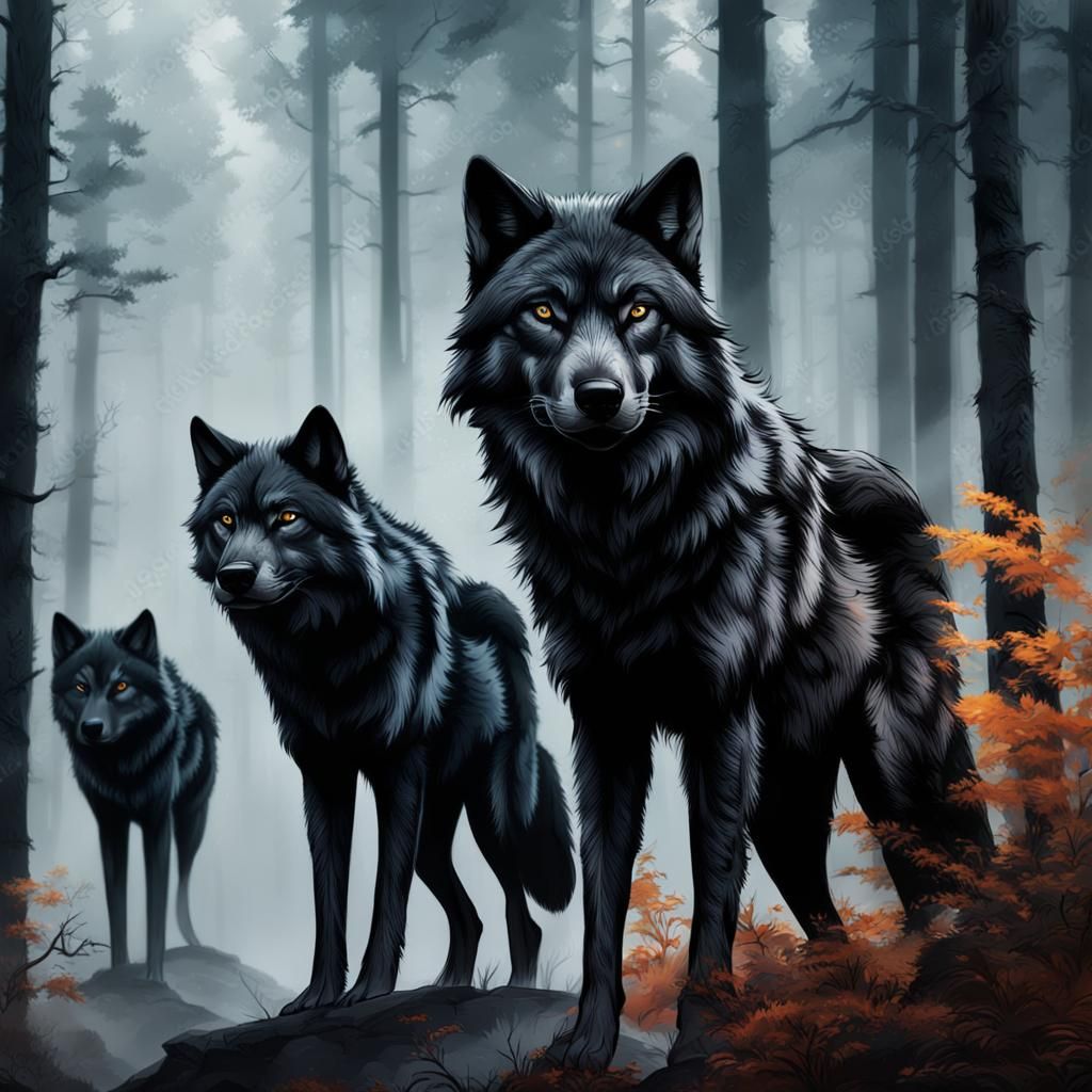 Black Wolves in Misty Forest: Hyperrealistic Splash Art