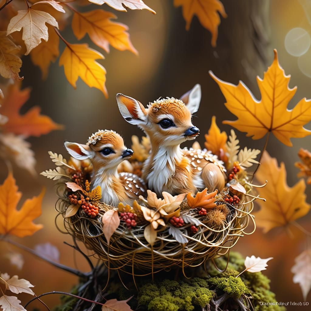 Whimsical Twin Fawns in Autumn Forest Nest