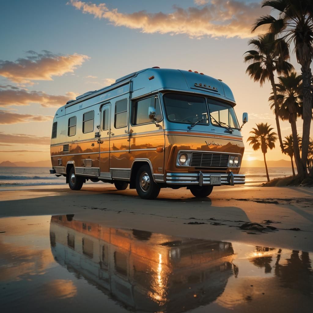Chrome Winnebago at Malibu Beach in Retro-Futuristic Style