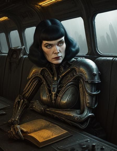 Biomorphic science fiction illustration, medium shot. Betty Page, a woman with a 1950s pinup dress and hairstyle, wakes ...