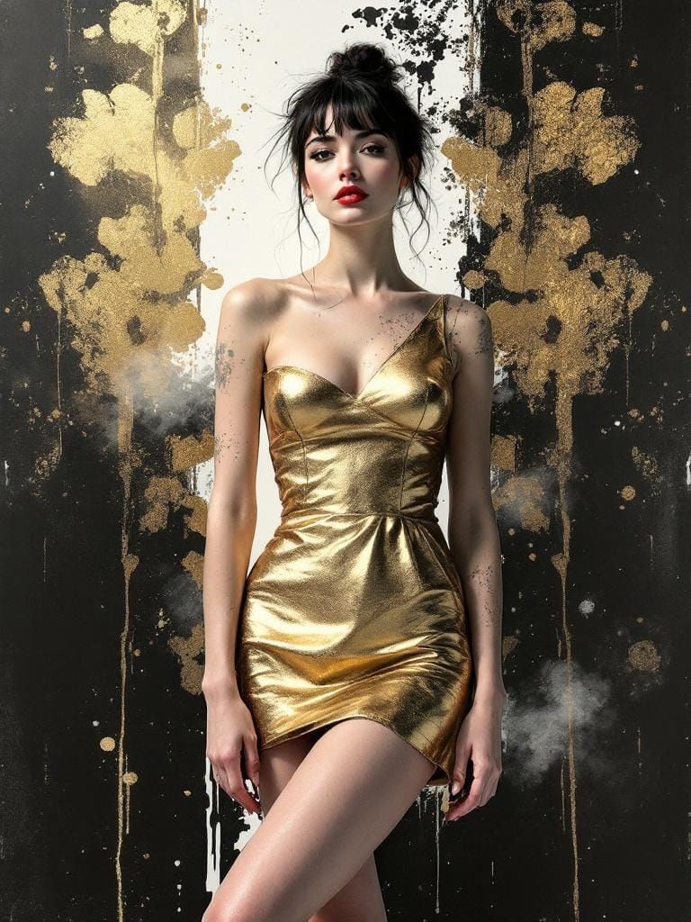 Swedish Pin-Up in Sumi-e Style with Gold Sundress