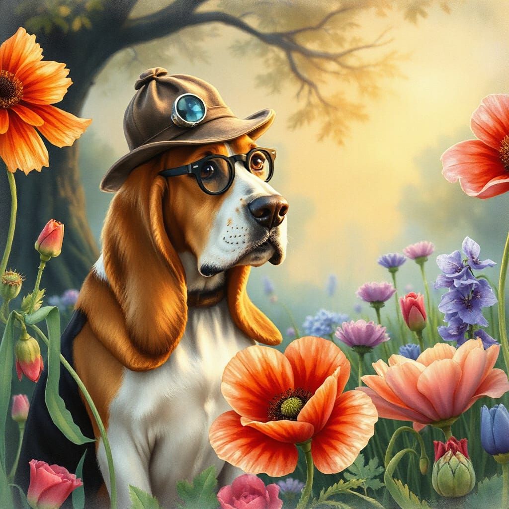 A charming Basset Hound dressed as a Victorian detective, co...