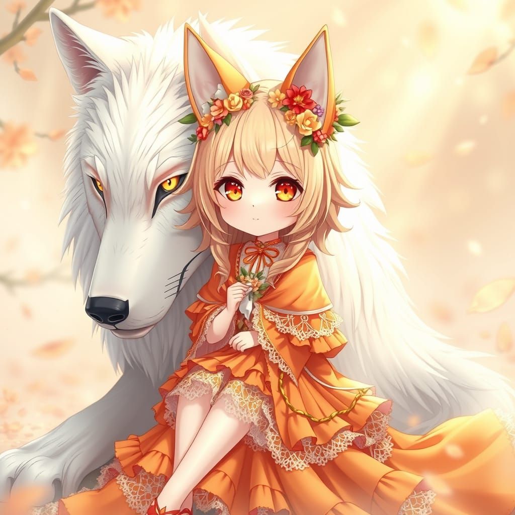 Majestic White Wolf Surrounded by Chibi Anime Girl in Whimsi...