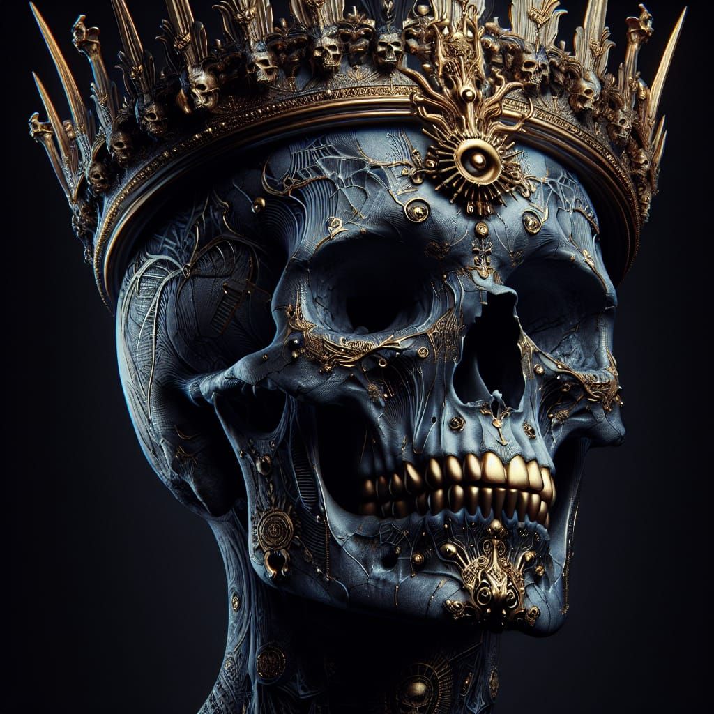 Golden Crowned Skull in Cyberpunk Horror Style