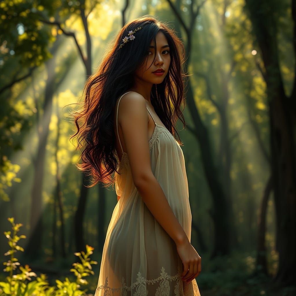 Young Latina Woman in Sun-Dappled Ancient Forest