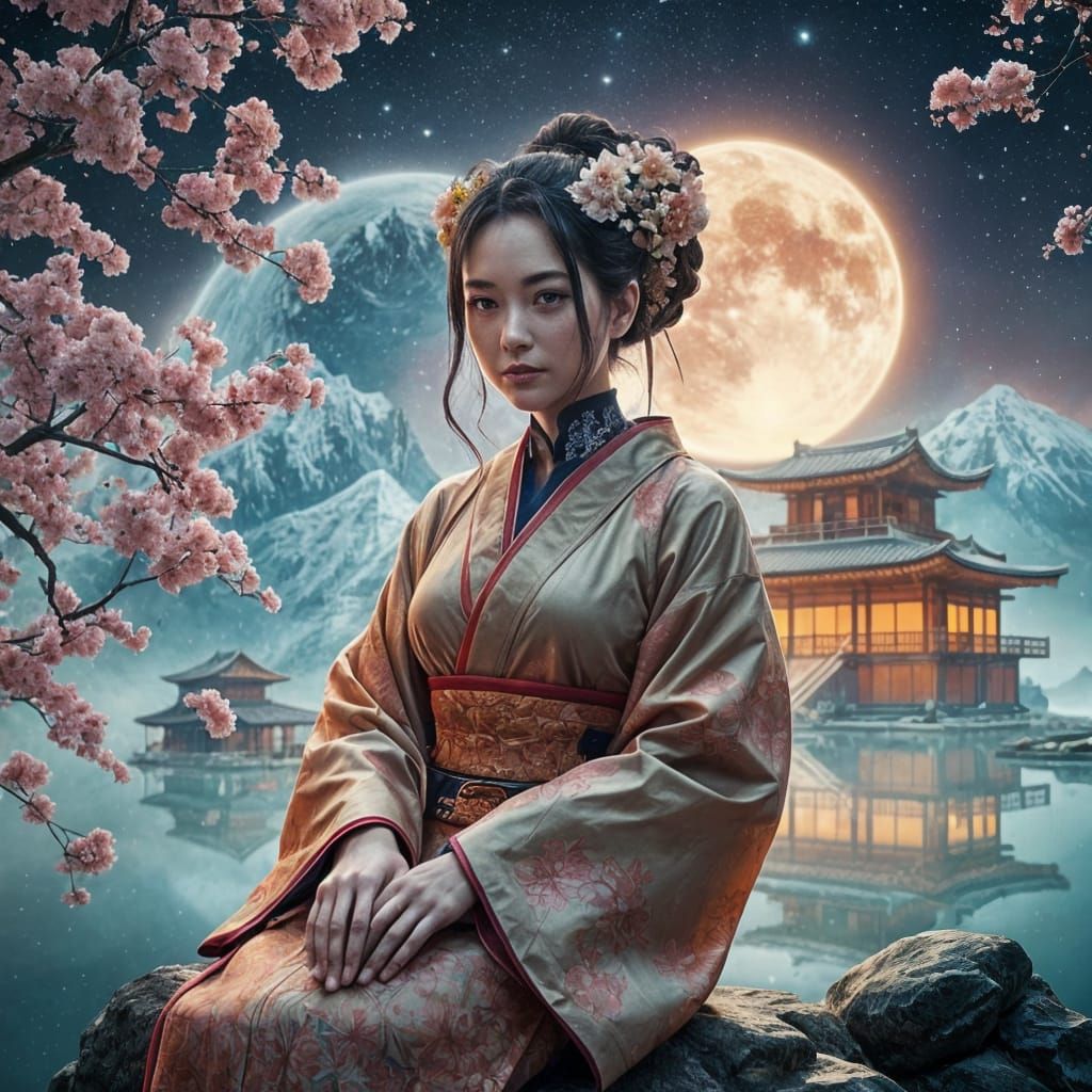 Cyborg Geisha in Blossoming Cyberpunk Studio