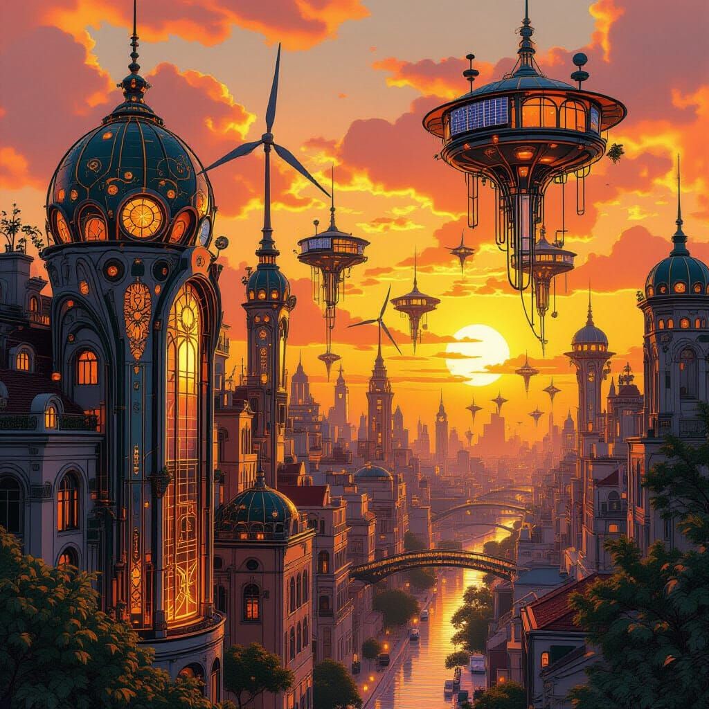 Vibrant Solarpunk Cityscape at Sunset