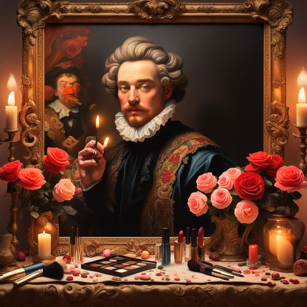 Baroque Portrait on Makeup Table: Oil Painting