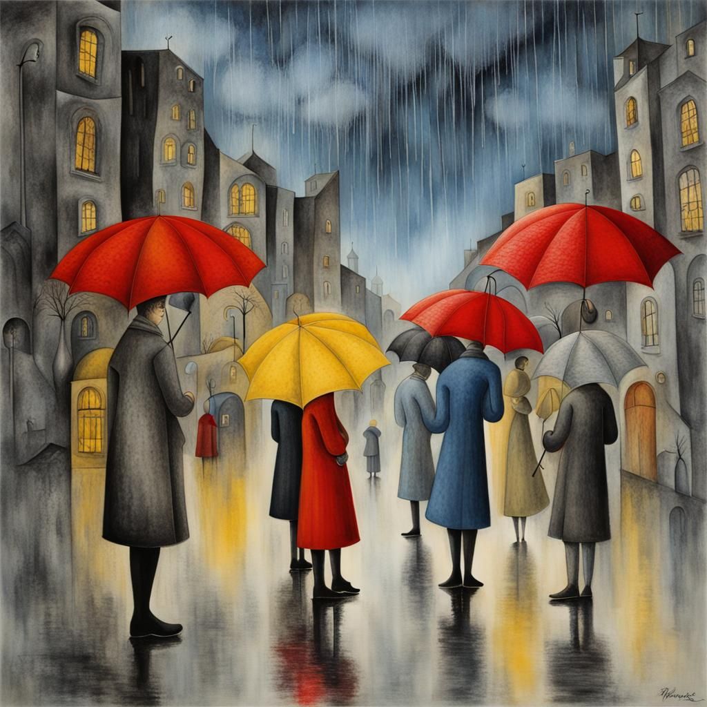 Night Rain Cityscape in Surrealist Style