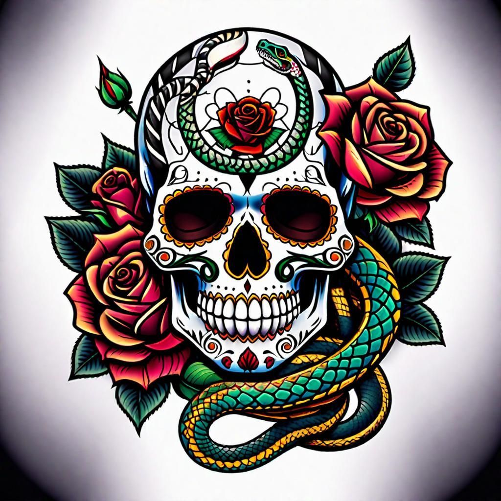 Detailed Tattoo Style Sugar Skull with Snake and Rose