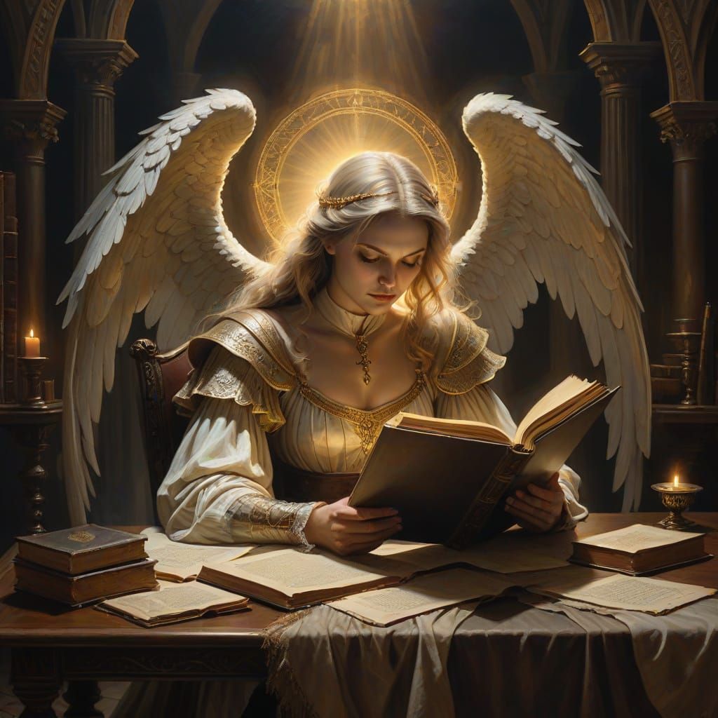 Angel Studying Book in Gothic Oil Painting Style