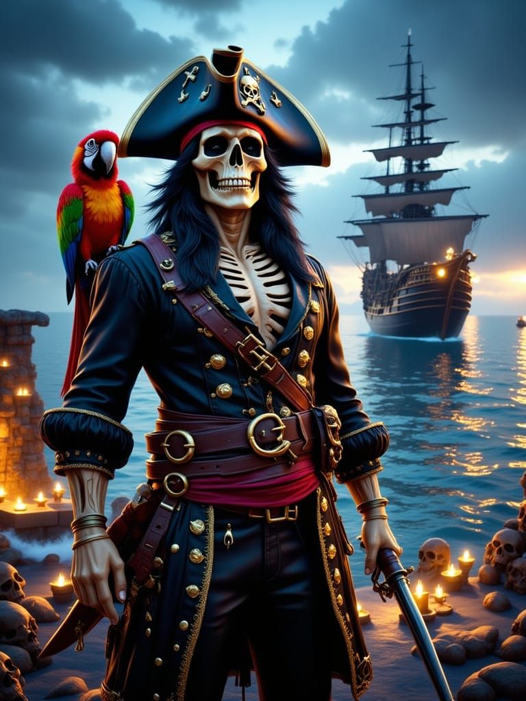 Skeleton Pirate on Dark Beach with Ship