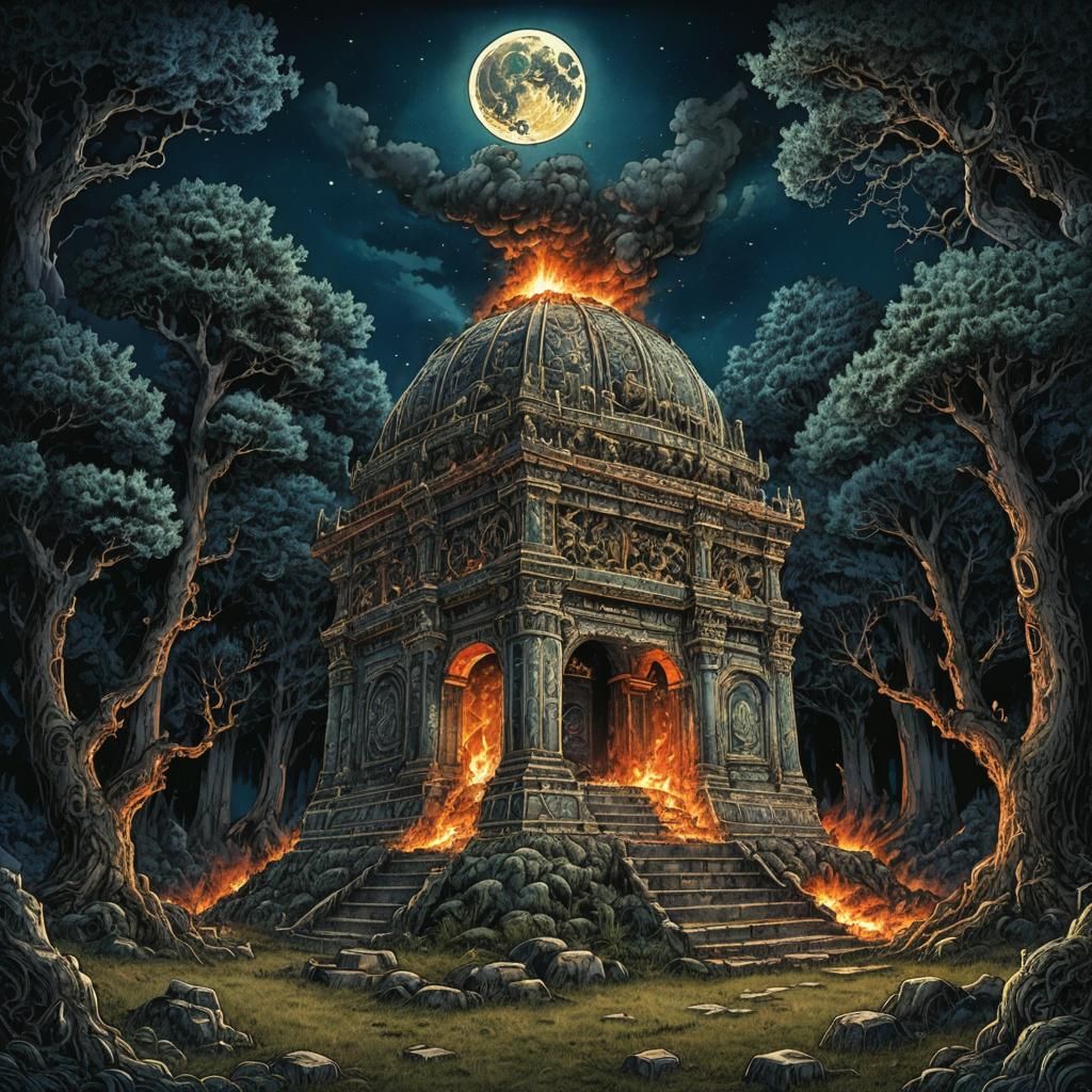 Moonlit Fire Erupts from Forest Mausoleum