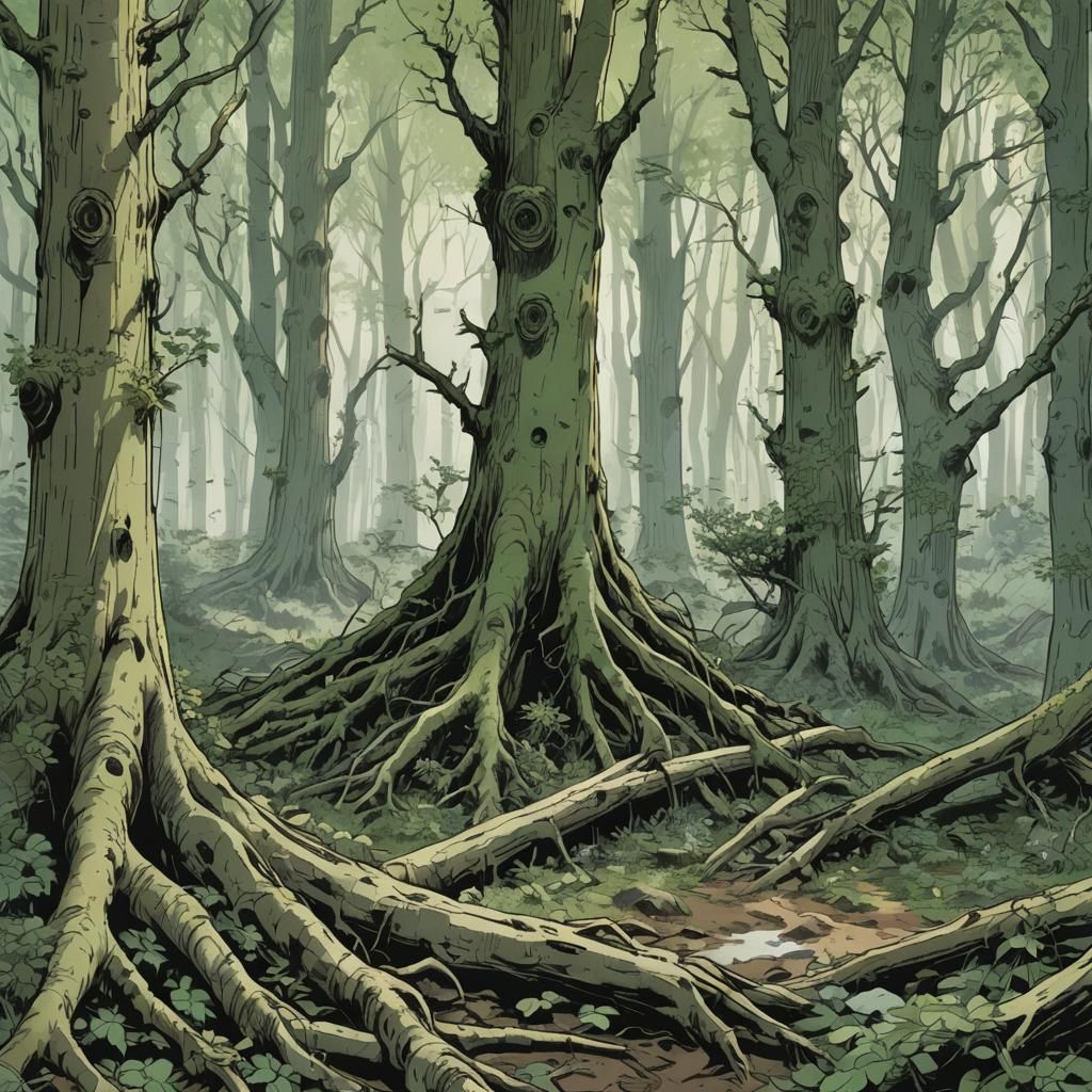 Anime Style Forest Scene with Scarred Hemlock