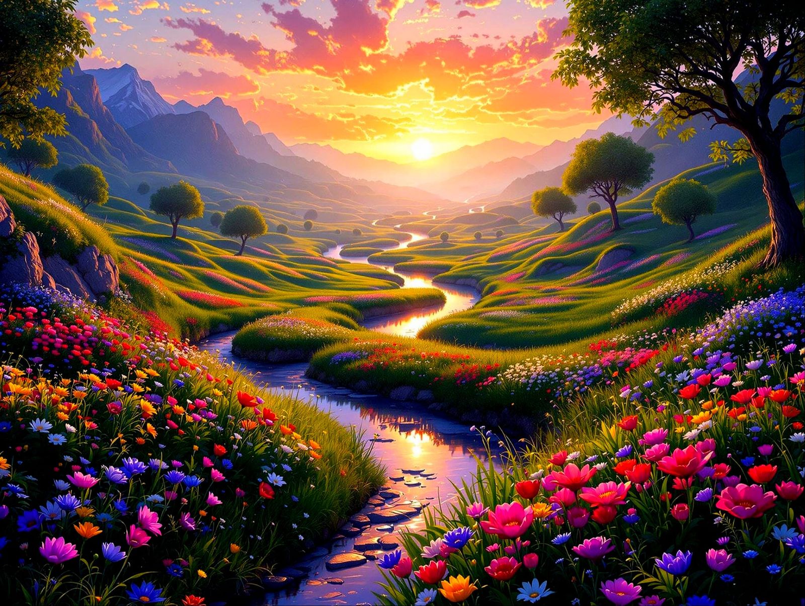 Photorealistic Spring Valley at Sunset in 16K