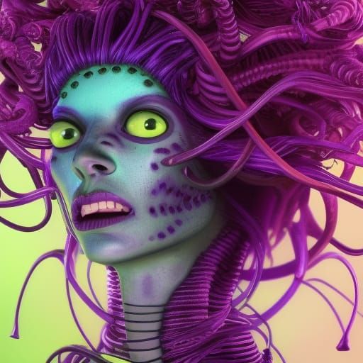 Luminescent Alien Medusa in Inkpunk Cyberpunk Style