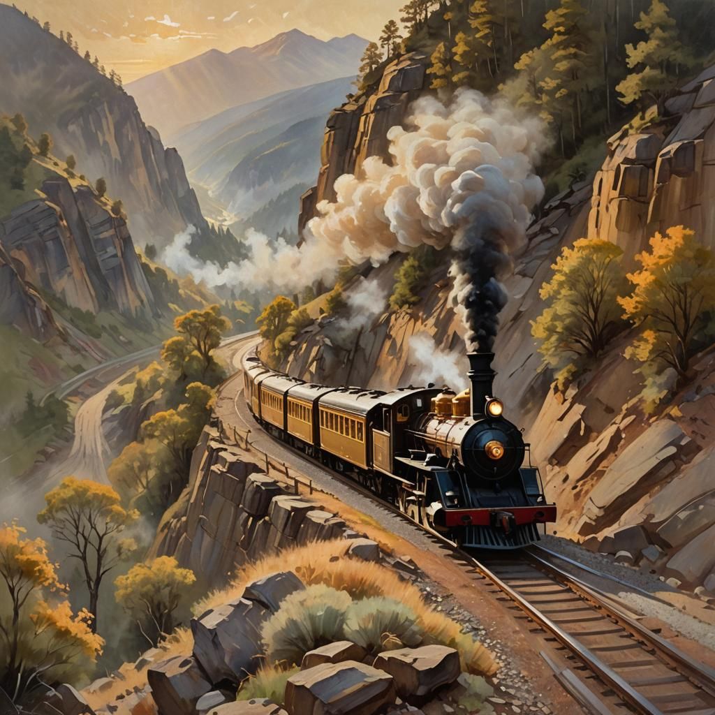 Vintage Steam Train on Mountain Track: Impressionist Oil Pai...
