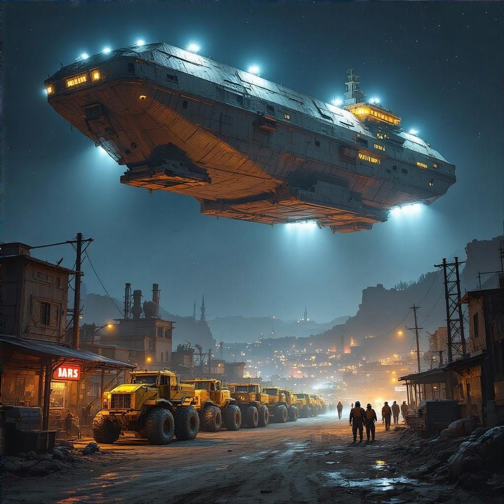 Industrial Space Cargo Ship Dominates Offworld Mining Town N...