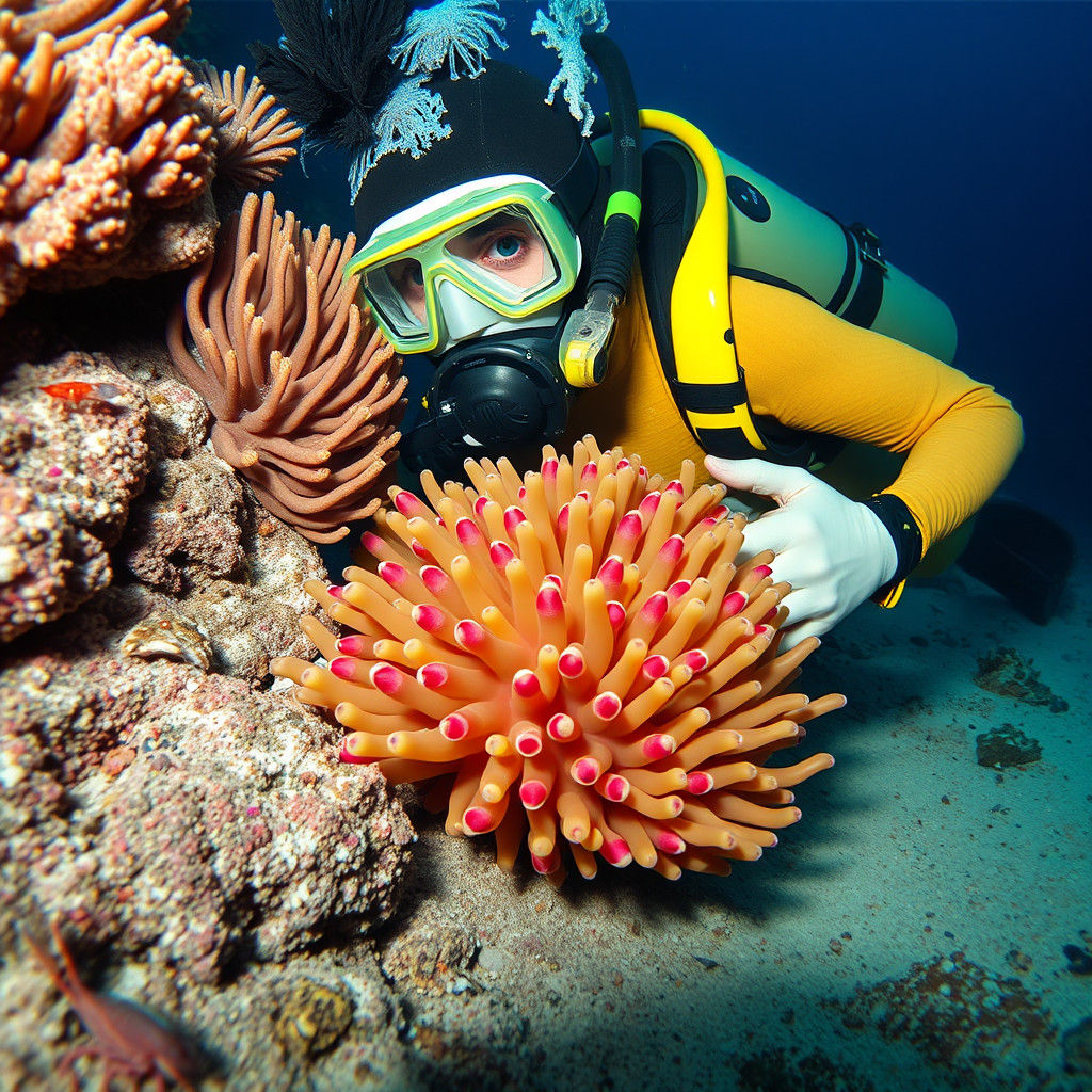 Diver Observes Clownfish Colony in Clear Waters