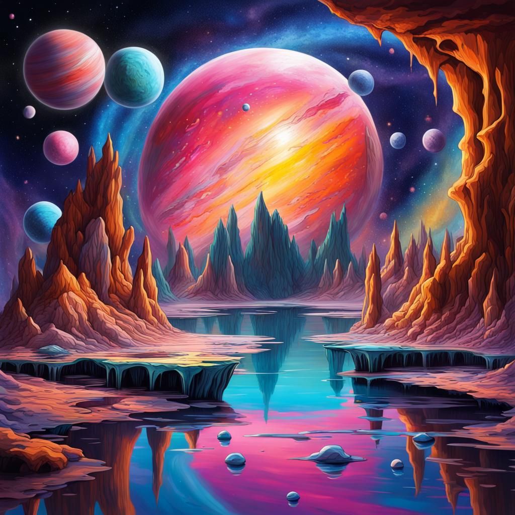 a cosmic scene with planets and stars reflected in a crystalline underground lake.