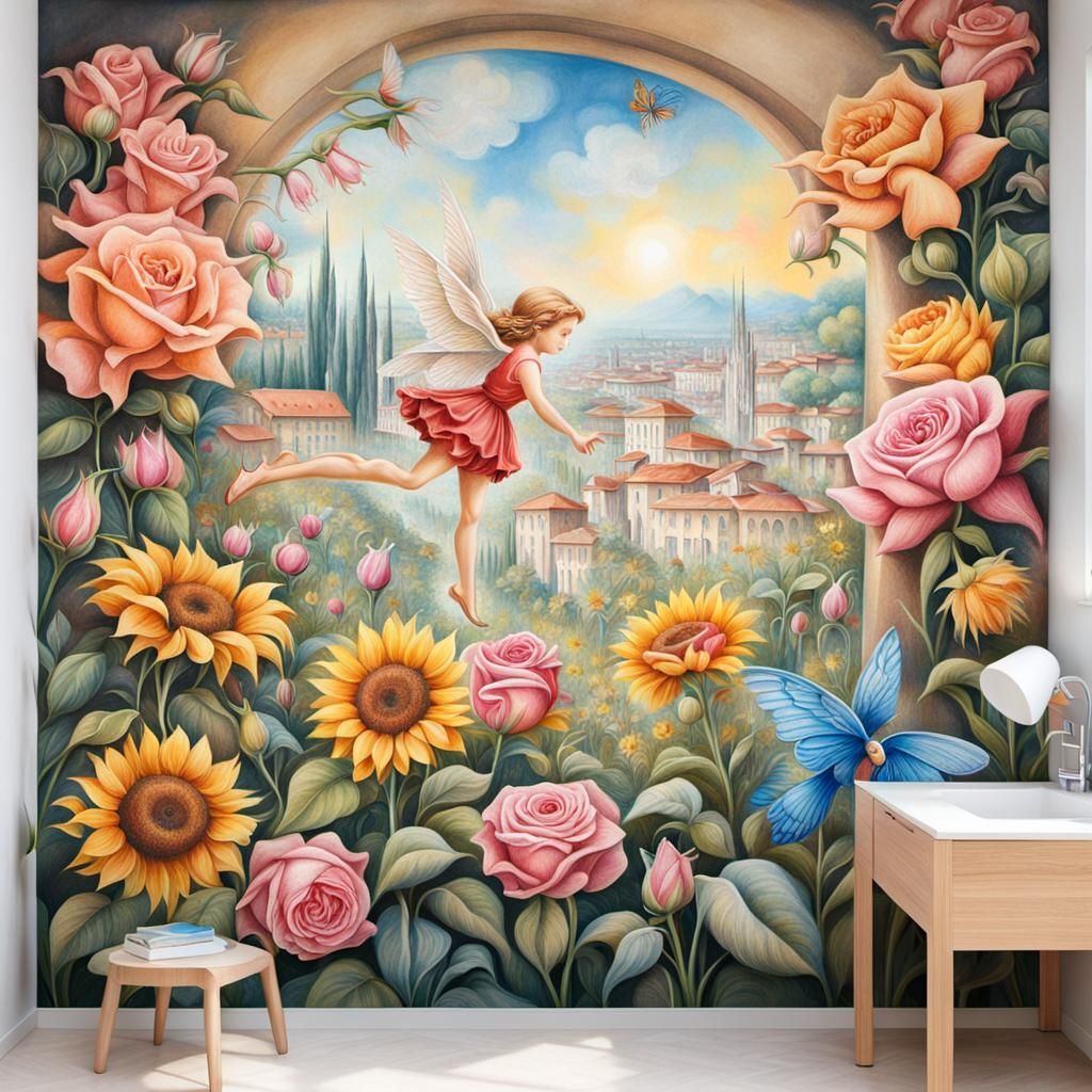 Colorful Chalk Mural of Angel Fairy in Milan