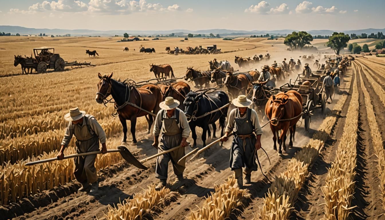 Pre-Industrial Farming Scene in Art Nouveau Style