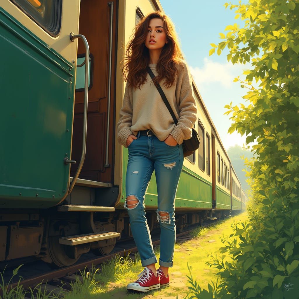 Young Woman Steps Off Train in Vibrant, Whimsical Landscape